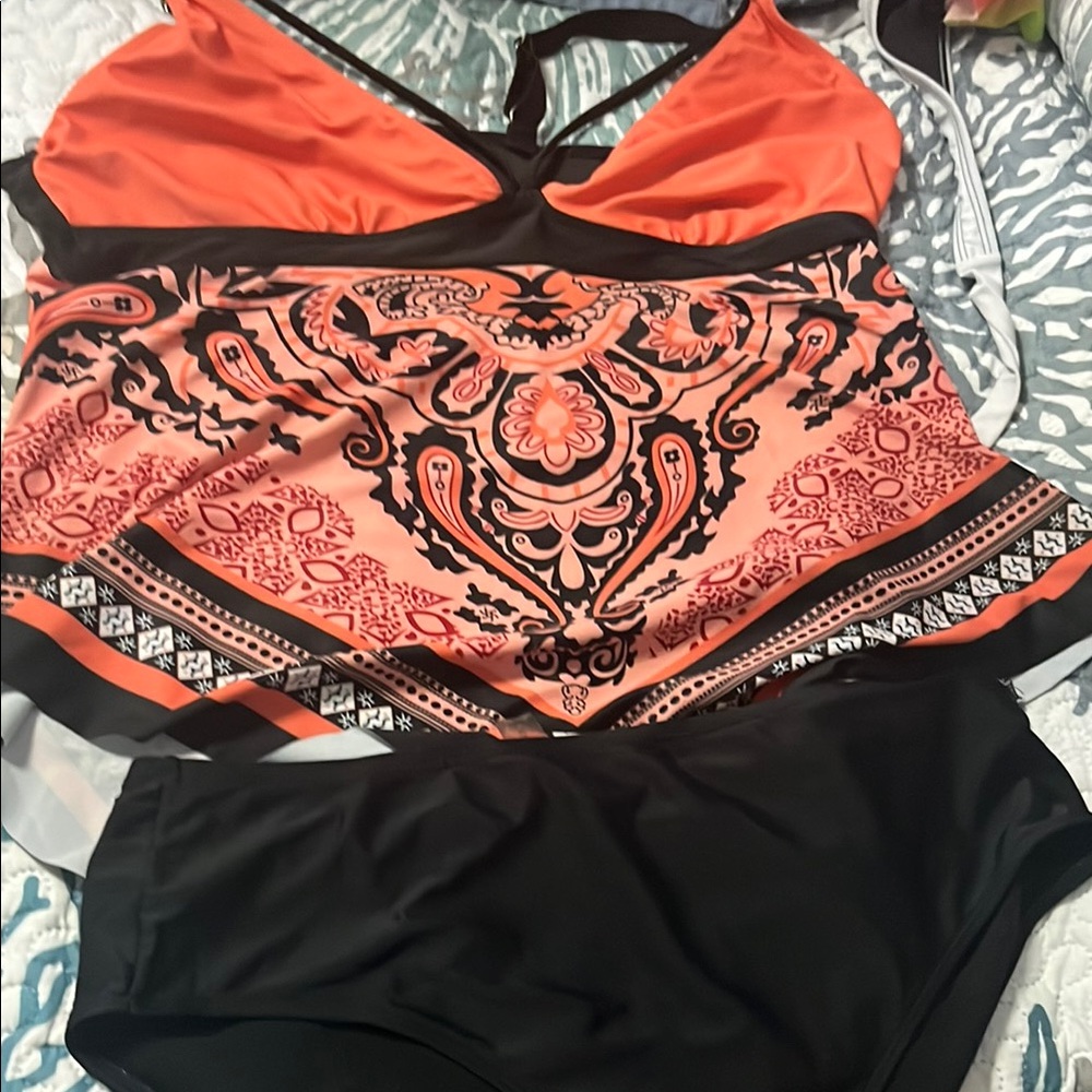 Orange and Black Paisley Tankini Set